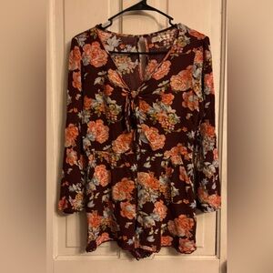 Rewind Burgundy Floral Tie-Front Tunic with Coral & Blue Flowers